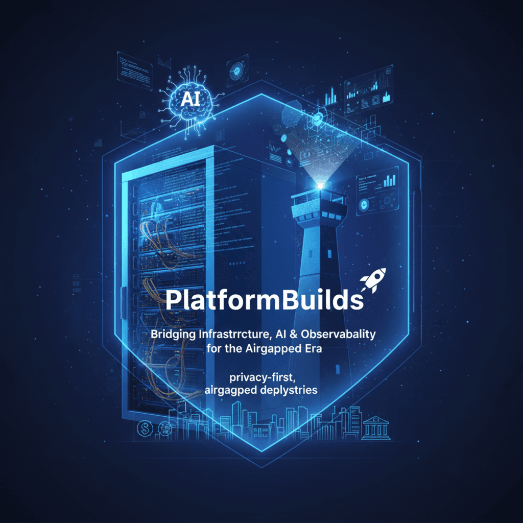 DevOps systems diagram showing Kubernetes clusters, CI/CD pipeline, and observability streams (metrics, logs, traces) on a dark navy background with teal accents